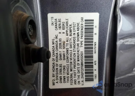 2019 Honda Civic Lx z USA, uszkodzony, nr VIN 2HGFC2F68KH552631